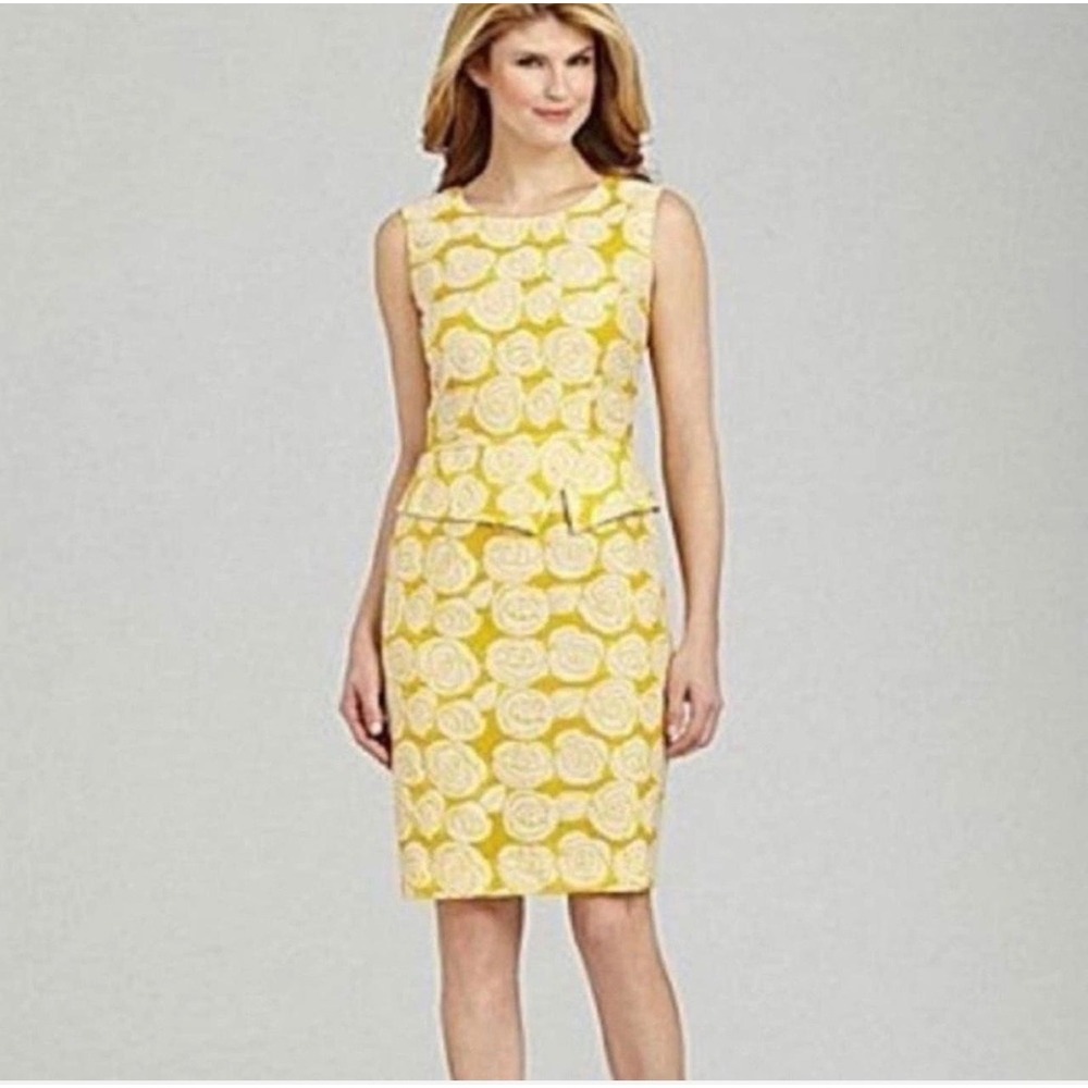 Antonio Melani Mischka Peplum Sheath Dress Jackie O Yellow Ivory Floral 14 New
